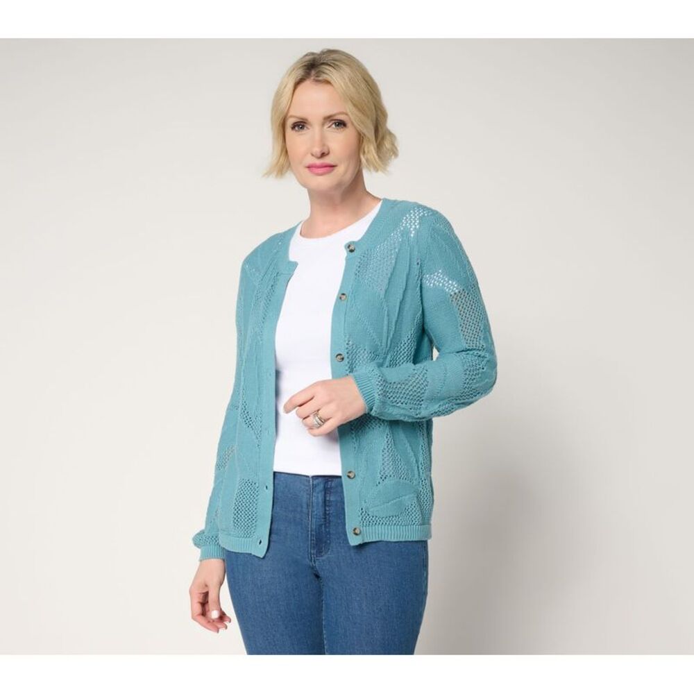 Denim & Co. Women's Top Sweater Sz XL 100% Cotton Long Sleeve Leaf Blue A698472